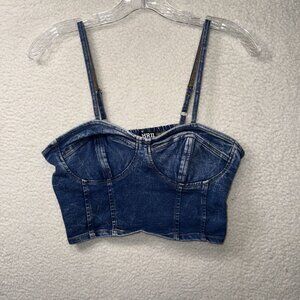 Thrill Jeans Denim Bustier Crop Top With Adjustable Straps Smocked Back Y2K